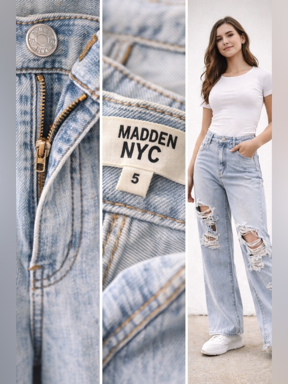 Madden NYC Light Wash Distressed Wide Leg Jeans Size 5 - Picture 8 of 16
